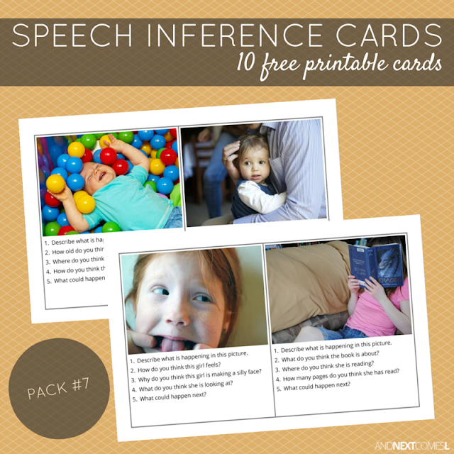 10 free printable speech therapy inference cards for kids with autism and/or hyperlexia from And Next Comes L