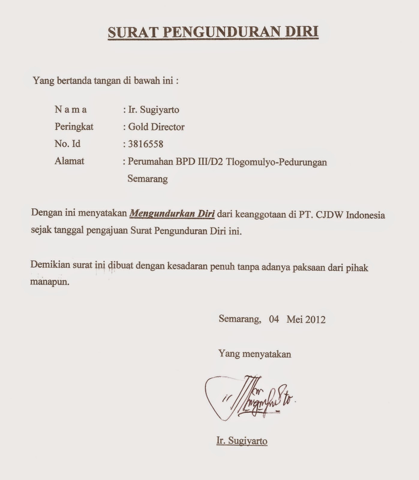 Contoh Surat Perletakan Jawatan Setiausaha Jkkk