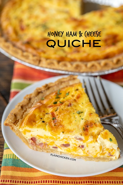 Honey Ham and Cheese Quiche - can be made ahead of time and refrigerated and even frozen for later. Great for breakfast, lunch or dinner! Ham, cheese, eggs, honey mustard, sour cream, heavy cream and pepper. Great way to use up leftover holiday ham. This never lasts long in our house! Honey Ham and Cheese Quiche - can be made ahead of time and refrigerated and even frozen for later. Great for breakfast, lunch or dinner! Ham, cheese, eggs, honey mustard, sour cream, heavy cream and pepper. Great way to use up leftover holiday ham. This never lasts long in our house!