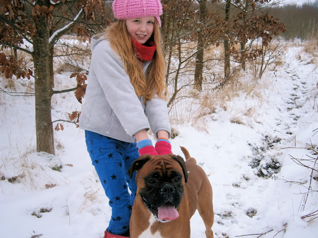 boxer dog and young girl in the snow