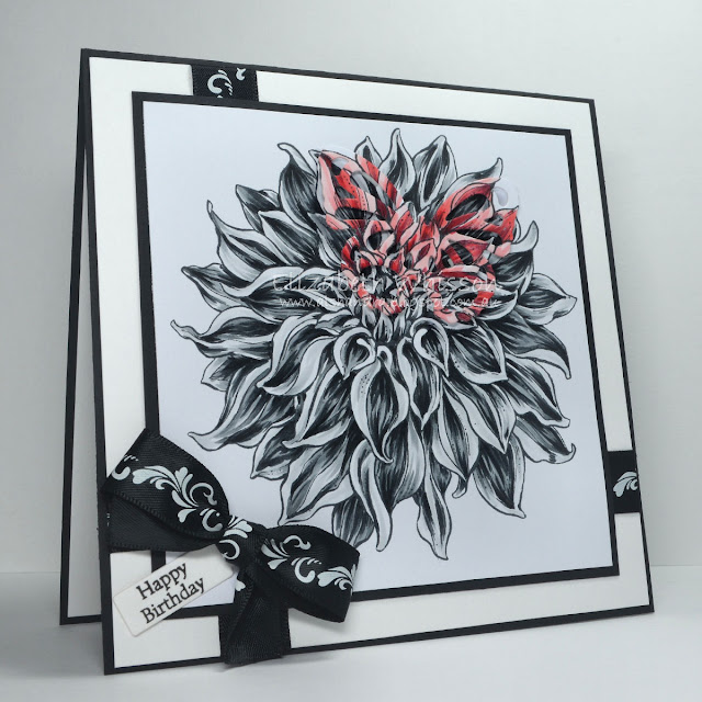 black and white, Elizabeth Whisson, Alshandra, butterfly, red, ribbon, copic, powerpoppy, dahlia, happy birthday black and white, Elizabeth Whisson, Alshandra, butterfly, red, ribbon, copic, powerpoppy, dahlia, happy birthday