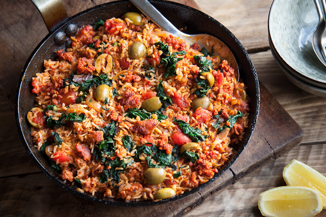 Riverford Organic Farms - Tomato and chorizo rice with olives and spinach