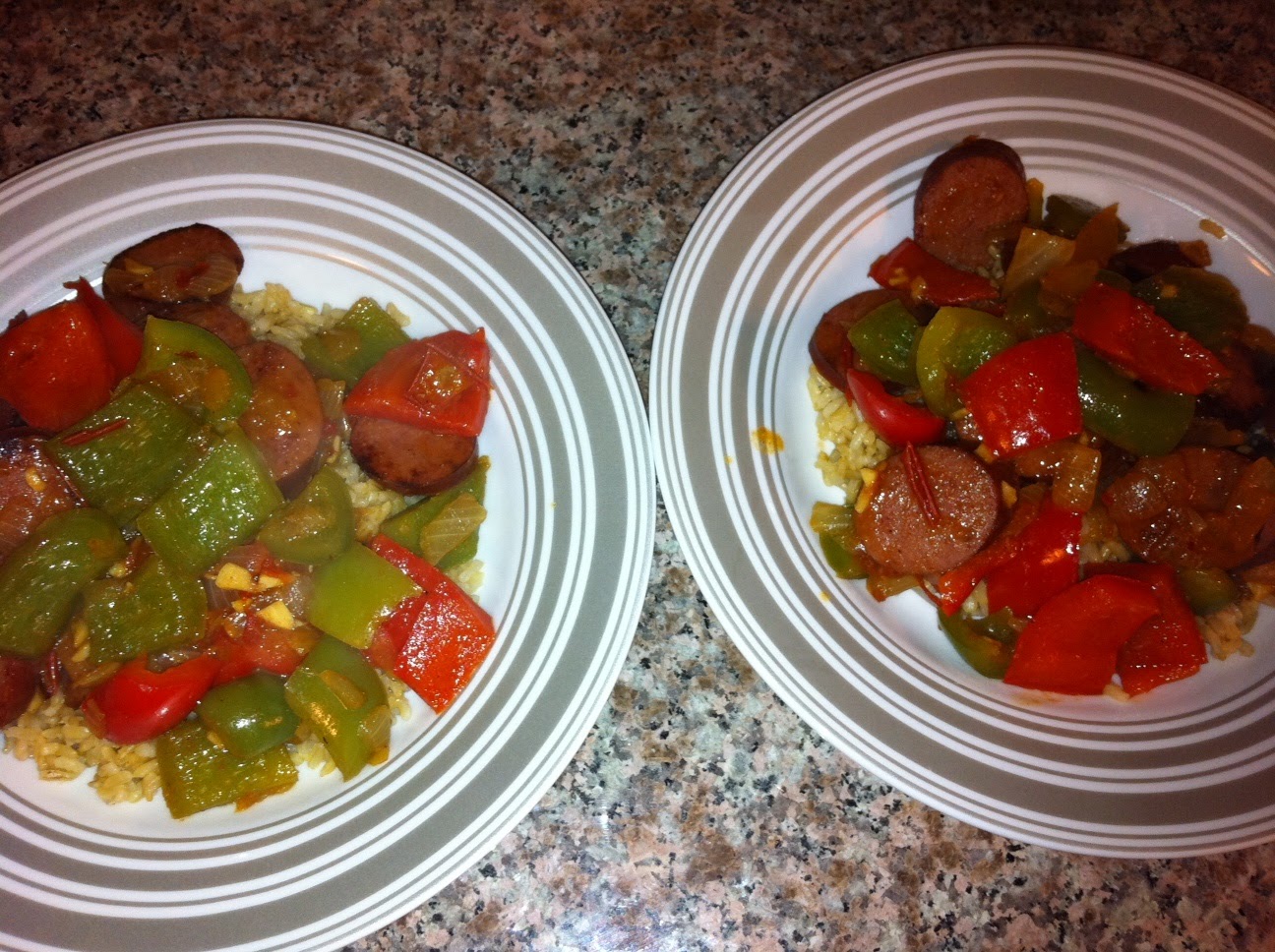 Because I'm TwentySomething Spicy Sausage and Peppers Over Rice