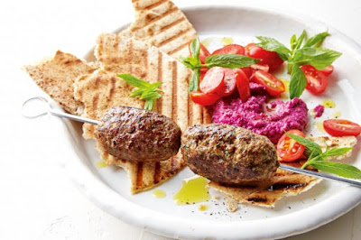 Lamb kofte with beetroot hummus recipe Lamb kofte is served with beetroot hummus Lamb kofte with beetroot hummus recipe
