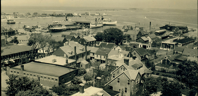 Tower view of downtown Nantucket, 1930s, showing Main Street, the Skipper Restaurant, and Brant Point. Source: Nantucket Historical Association