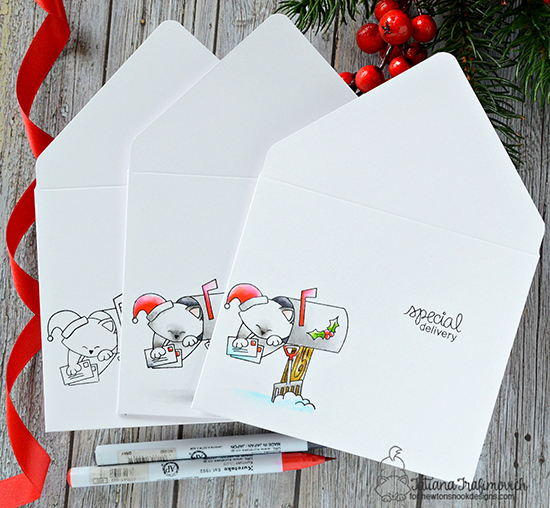 Custom Holiday Envelopes by Tatiana Trafimovich | Newton's Happy Mail Stamp Set by Newton's Nook Designs #newtonsnook #handmade