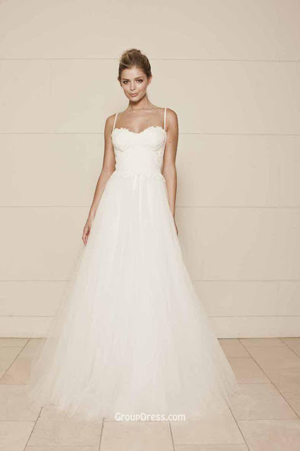 Spaghetti Straps Pleated Tulle Simple A-line Wedding Dress