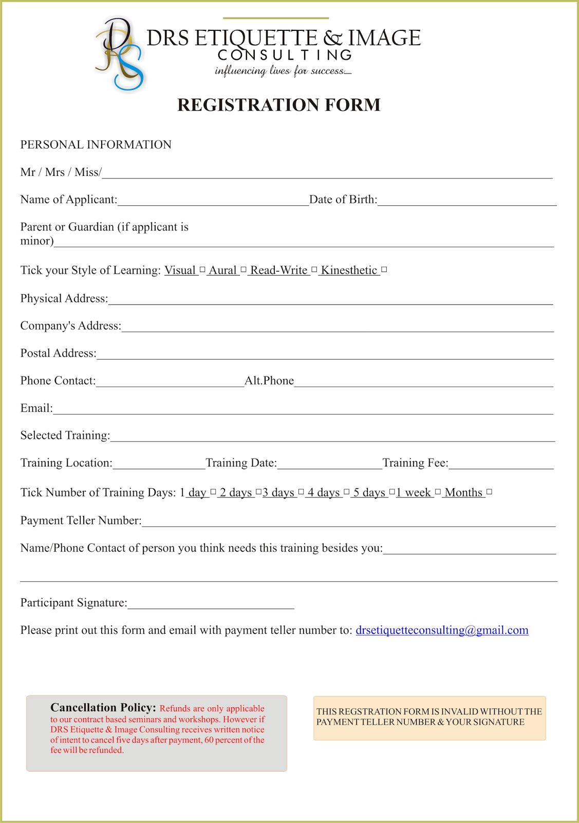 Registration Form DRS ETIQUETTE & IMAGE CONSULTING