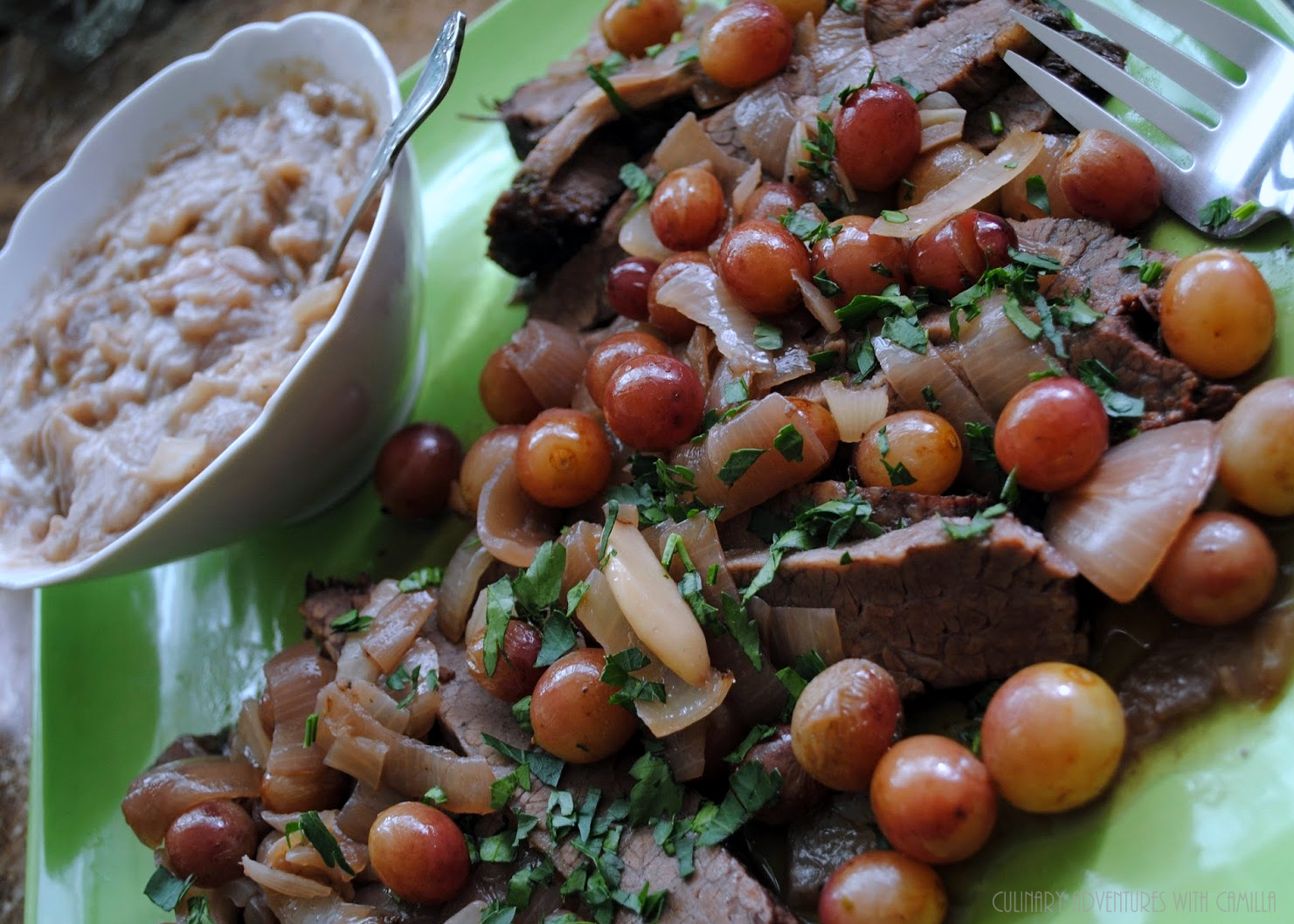 Braised Beef Brisket with Grapes and Herbs + Horseradish Gremolata 
