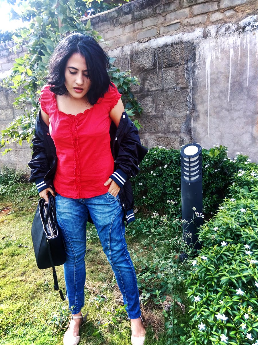 SEEING RED |STYLE AND ILLUSTRATION BLOG BY DHEERA JOSHI red Top,DIY FRAYED HEM jeans,-Bomber Jacket,Zara bag,style inspiration,outfit