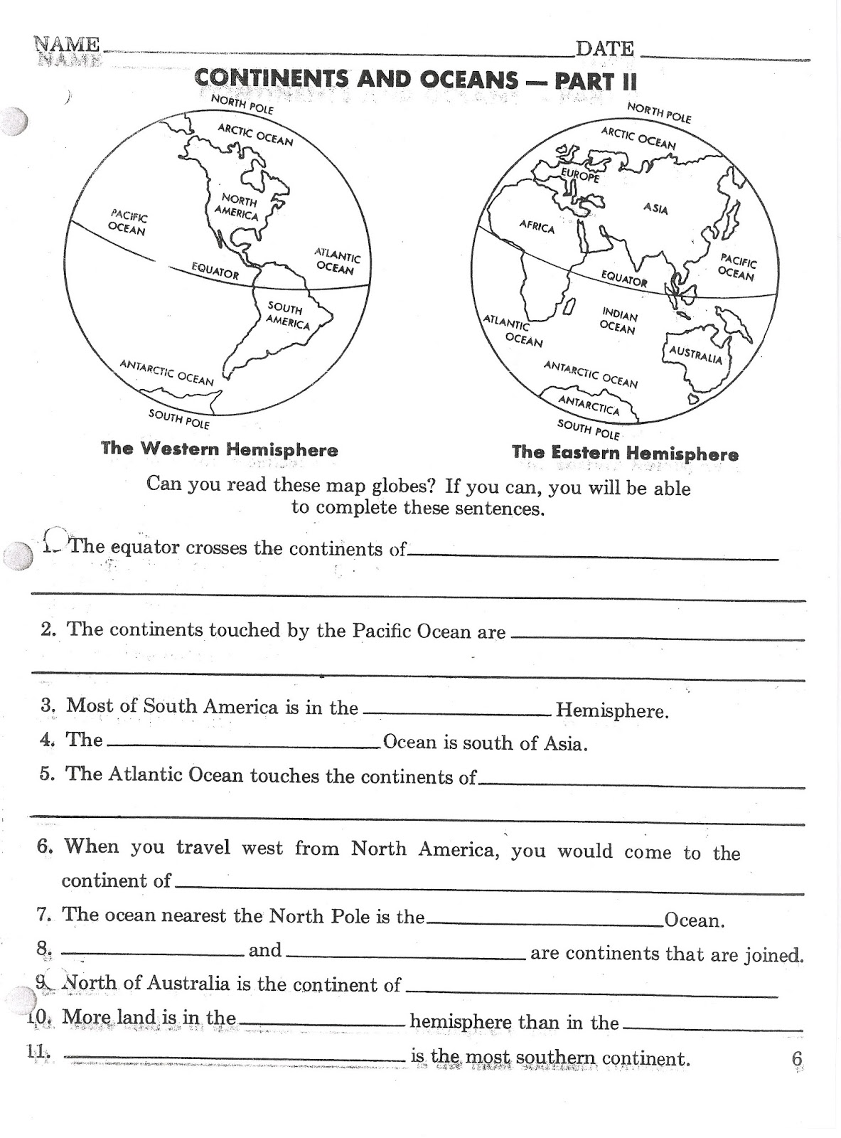 Printable Continents And Oceans Worksheet