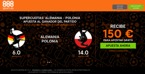 888sport bienvenida 150 euros + supercuota 6 o 14 Alemania o Polonia gana 16 junio 888sport bienvenida 150 euros + supercuota 6 o 14 Alemania o Polonia gana 16 junio