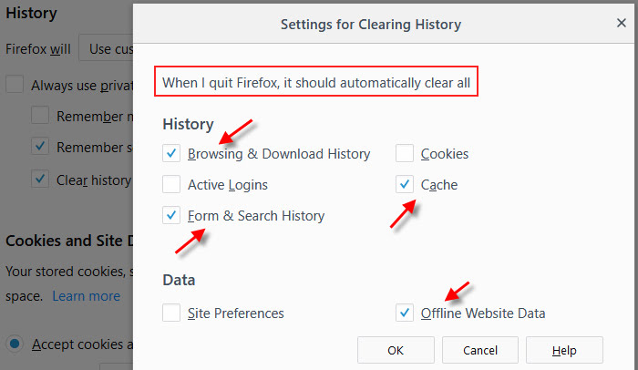 Firefox history clearing settings