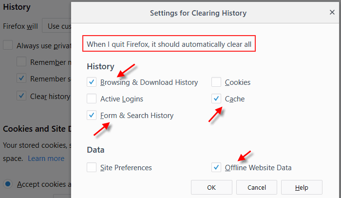 Firefox history clearing settings