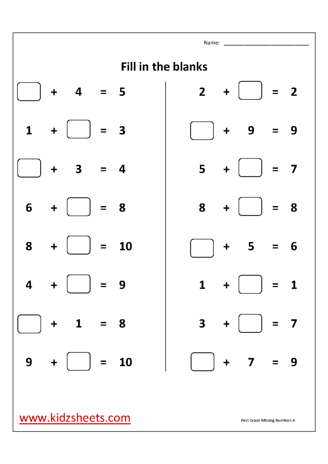 Missing Numbers Addition Worksheets Year 1