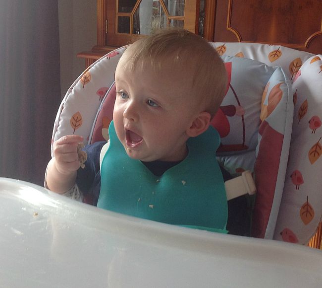 Baby in highchair food in hand mouth open 