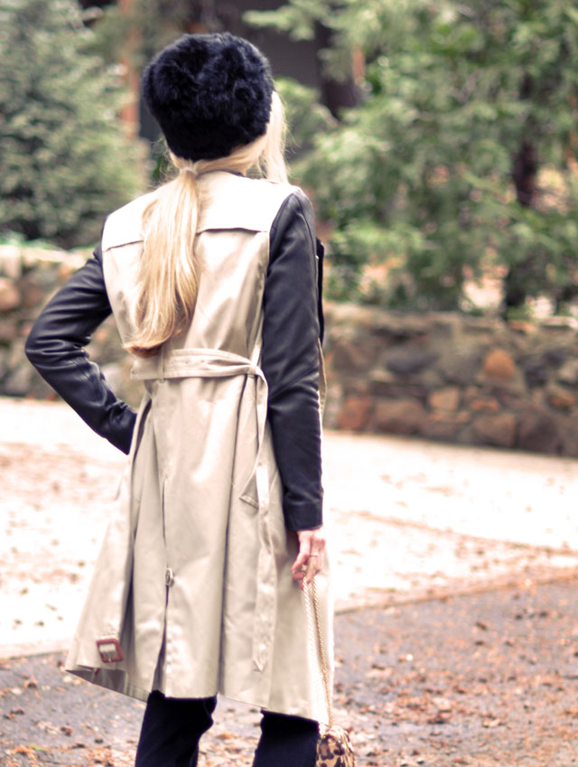 emerald green blouse, sleeveless trench leather coat, leopard print bag, winter style