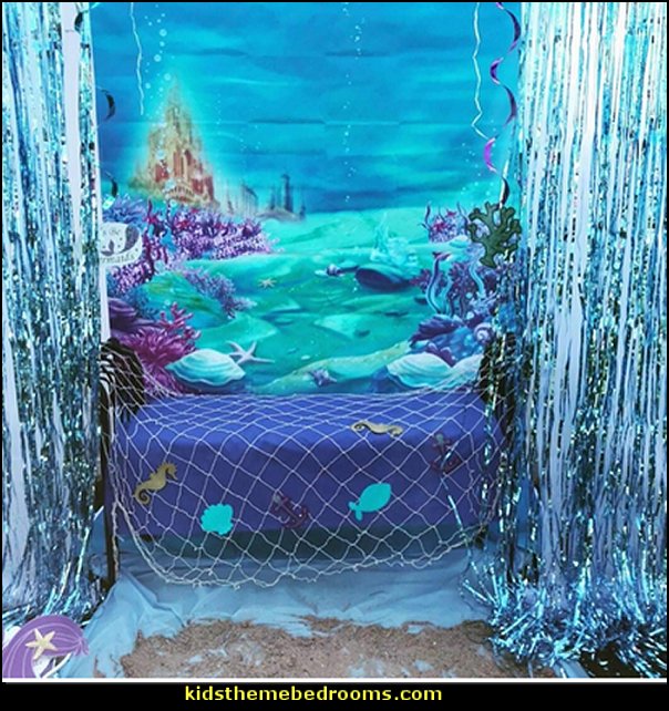 Under Sea Mermaid Castle Backdrop Blue Sea Shell Grass Coral Photography Background  mermaid party decorations - mermaid party ideas - mermaid themed birthday party - ocean theme party decorations - under the sea party - little mermaid birthday party ideas - beach party - water theme parties - mermaid table decor - party props  under the sea birthday party - under the sea theme party table