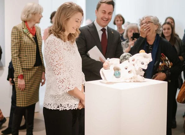 Hereditary Grand Duchess Stephanie visited opening of exhibition of artist Su-Mei Tse at Mudam Museum. wore crop bell sleeve lace top