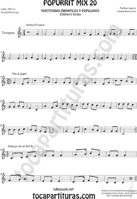 Partitura de Trompeta y Fliscorno Popurrí Mix 20 Partituras de Antón Pirulero, Voy a Jugar, Debajo de un Botón Infantil Sheet Music for Trumpet and Flugelhorn 