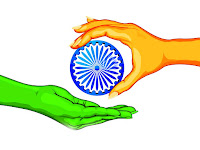 tiranga, ashok chakra image with two hand one is in orange color and another is in green
