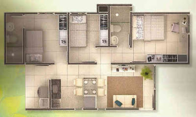 planta das casas de 3 quartos. ÁREA CONSTRUÍDA: => 66,89 m². CÔMODOS: Sala de estar, Cozinha americana, Área de serviço, Banheiro social, total de três quartos, 01 (uma) Suíte, 2 quartos sociais, Garagem descoberta, Garagem coberta, Vagas para estacionamento até 02 (duas), ótima opção para você e sua família viverem bem.