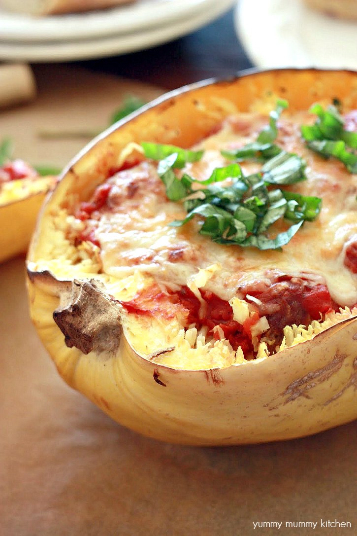 Vegetarian stuffed spaghetti squash This vegetarian spaghetti squash is stuffed with vegan meatballs, marinara, and topped with cheese.