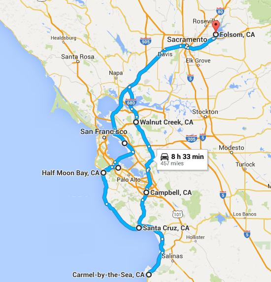 Folsom to Carmel and back map July 2015 Map of July 2015 trip from Folsom to Carmel and back