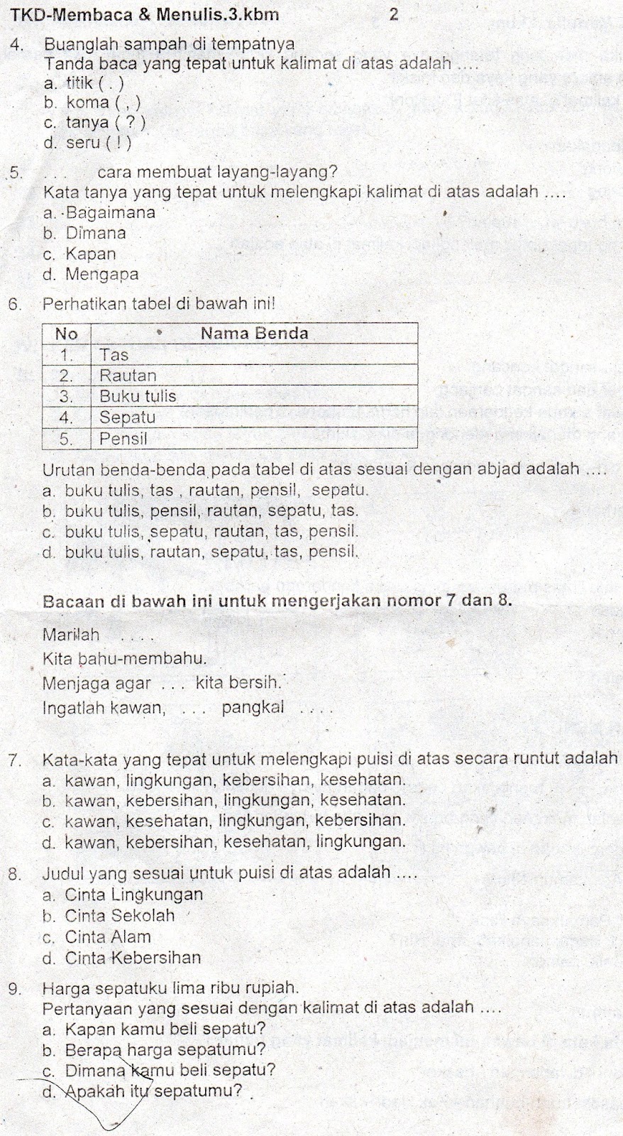 Soal Tes Kemampuan Dasar Kelas 3 Sd