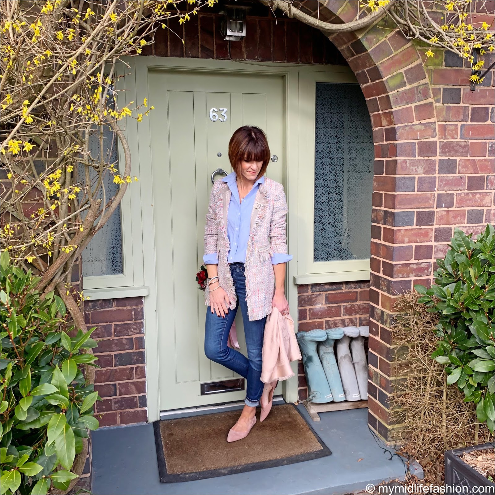 my midlife fashion, mulberry tree square scarf, h and m pointed ballet pumps, sezane tomboy shirt, j crew jeans, peter hahn uta raasch frock coat