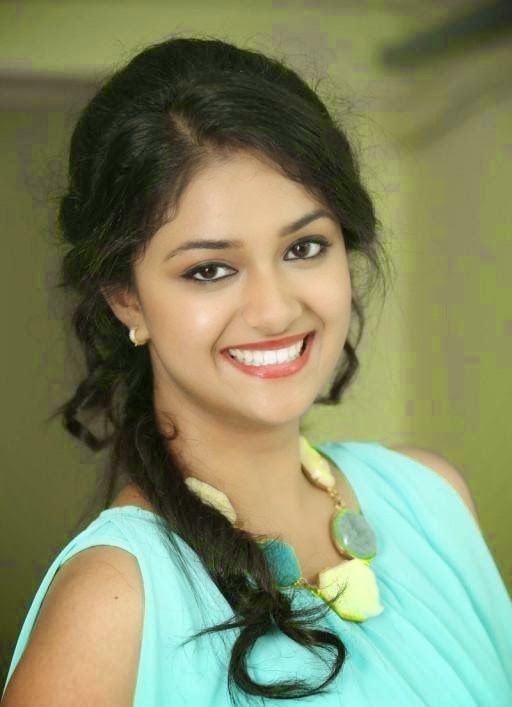 Tollywood Actress Keerthy Suresh Hot Face Long Curly Hair Photos In Blue Dress