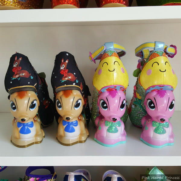 Irregular Choice Family Reunion fawn heel comparison two pairs of fawn heeled shoes on shelf, old and new side by side