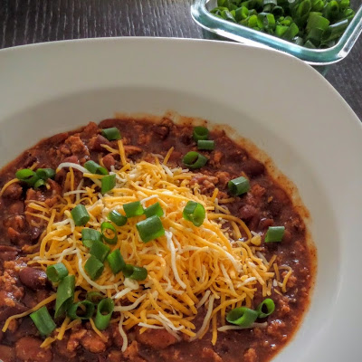 Turkey Chili:  A spicy chili made with ground turkey, beans, and chili pepper sauce.  Using a tried and true recipe.
