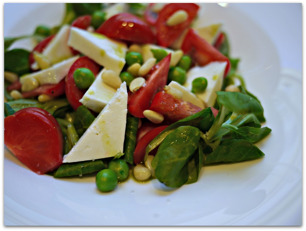 gustia Salad of Home Made Goats' Milk Cheese, Tomatoes, Fresh Peas and