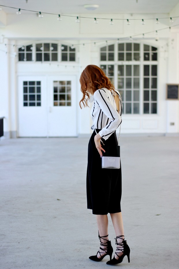 MIN Design Nail Polish Clutch, black culottes, vertical stripe blouse, black lace up heels