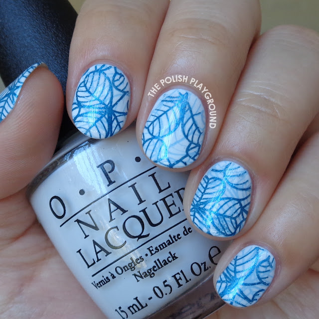 Double Blue Leafy Stamping Nail Art