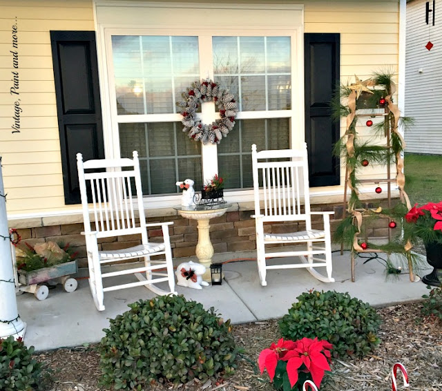 our Christmas porch decorated with recycled, thrifted items