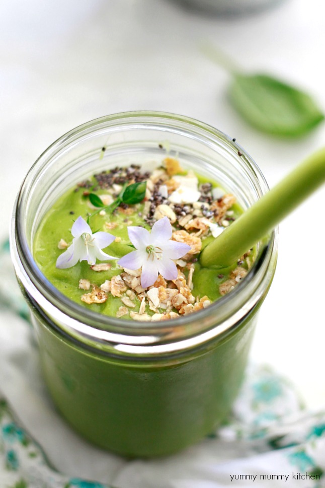 Green and Glowing Smoothie Recipe Green and Glowing Smoothie recipe inspired by Whole Foods. This vegan green smoothie has tropical flavors, flax, coconut, and baby spinach.