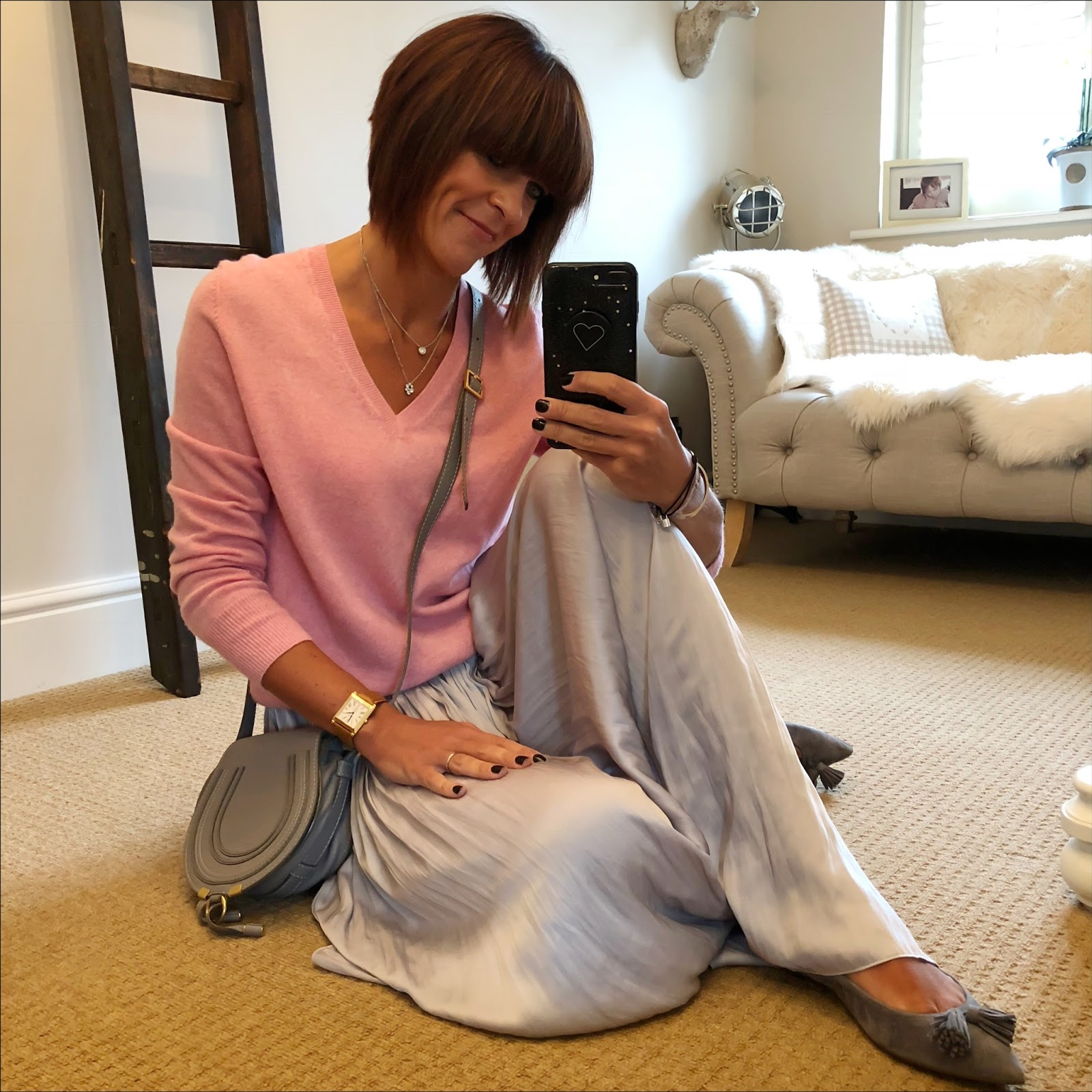 my midlife fashion, marks and spencer pure cashmere v neck jumper, chloe marcie cross body bag, massimo dutti soft gathered maxi skirt with side splits, j crew suede tassel pointed flats