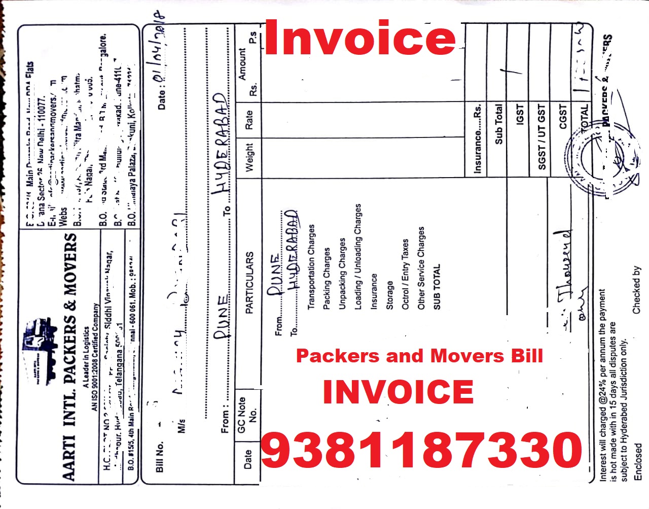 9380223600 100 original gst packers movers bill for claim duplicate hotel bill