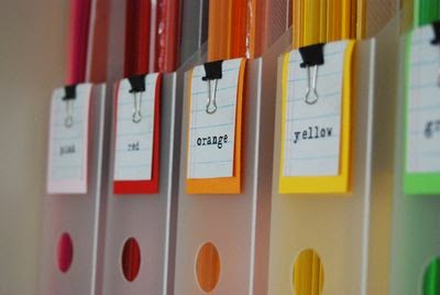 Organize paper into colors with binder clips to label :: OrganizingMadeFun.com