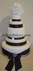 5 tier custom unique elegant Black and white wedding cake design with sugar orchid flower topper, r