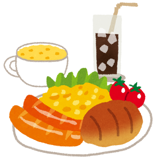 朝食セットのイラスト「パン・スクランブルエッグ・ウインナー・サラダ・スープ・コーヒー」 | かわいいフリー素材集 いらすとや