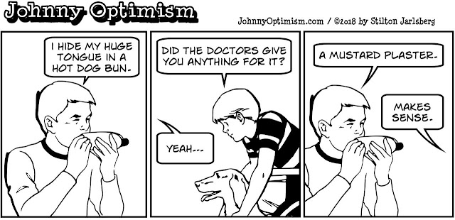 johnny optimism, medical, humor, sick, jokes, boy, wheelchair, doctors, hospital, stilton jarlsberg, hot dog, tongue, mustard plaster