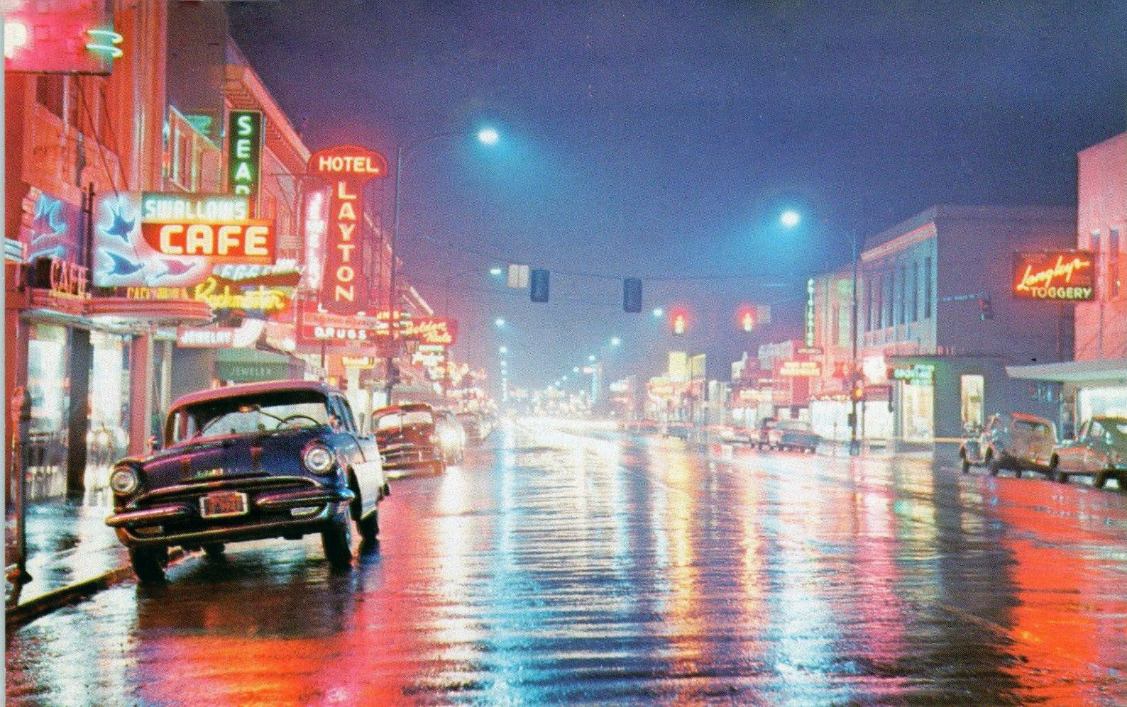 transpress nz cars on 6th Street, Grants Pass, Oregon, 1950s