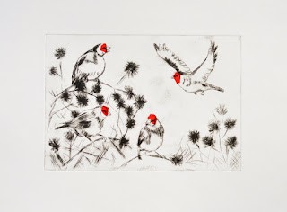 A charm of goldfinched drypoint and chine colle print