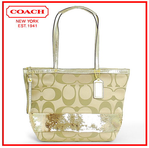 Coach Signature Stripe GOLD  BLUE Sequin Tote Handbag Purse NWT 17574 ...