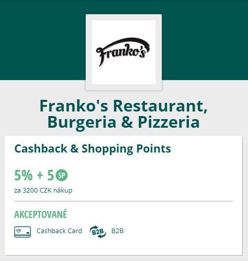 Cashback World - Franko's Restaurant, Burgeria & Pizzeria - výhody