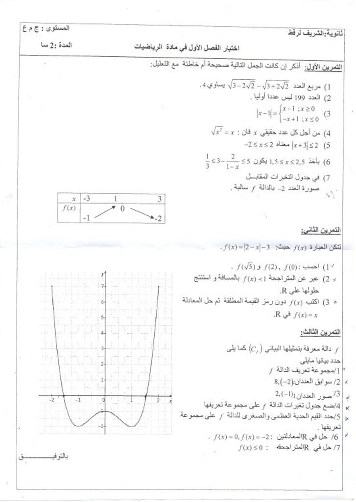 الاختبار الأول في مادة الرياضيات للسنة الأولى ثانوي جذع مشترك علوم وتكنولوجيا الاختبار الأول في مادة الرياضيات للسنة الأولى ثانوي جذع مشترك علوم وتكنولوجيا