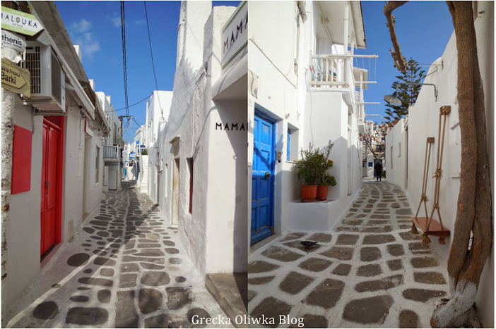 Zima na Mykonos puste greckie uliczki z kolorowymi okiennicami Grecja Mykonos